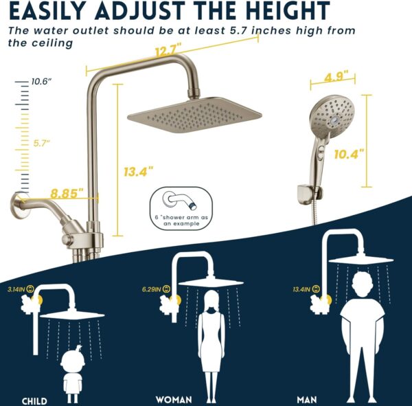 Dual Shower Head Combo, Brushed Nickel 8'' High Pressure Rain/Rainfall Shower Head, 6 Settings Adjustable Handheld Showers, with 15" Height Adjustable Slide Bar, Holder/59’‘ Hose