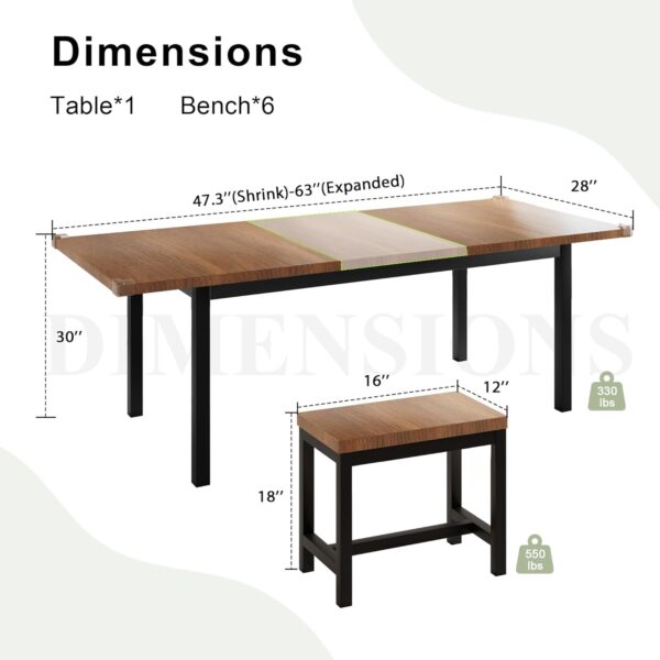 Feonase 7-Piece Dining Table Set with 6 Stools, 63" Large Extendable Kitchen Table Set for 4-8, Mid-Century Dining Room Table with Heavy-Duty Frame, Easy Assembly, Walnut