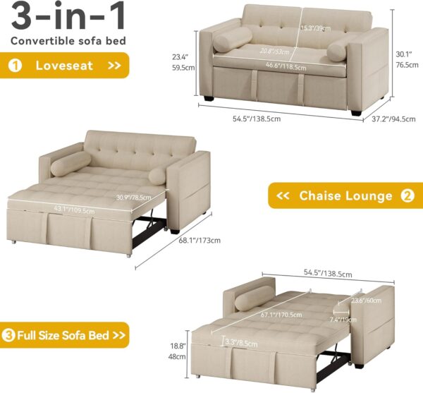 DWVO 3-in-1 Convertible Sleeper Sofa Bed, Folding Futon Couch with Pullout Bed, 5-Level Backrest, USB Ports, Storage Pockets, and Pillows, Modern Lounge Furniture for Living Room (Beige)