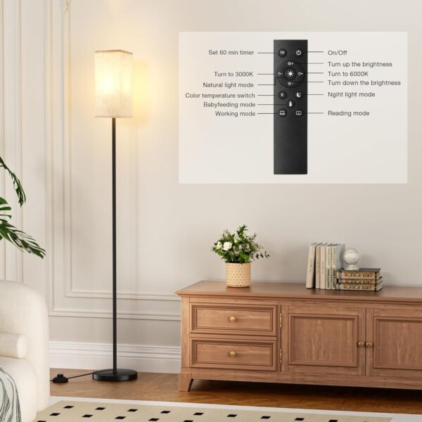Ambimall Floor Lamps for Living Room - Remote Control, 9W Stepless Dimmable Bulb, Foot Switch, Color Temperatures, 64'' Tall Standing Lamp, Beige Lampshade, Reading Bedroom,Office (Black)