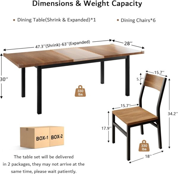 iPormis 7-Piece Dining Table Set with 6 Chairs, 63" Extendable Kitchen Table & Chairs Set for 4-6, Dining Room Table with Metal Frame & MDF Board, Perfect for Small Space, Easy Clean, Walnut