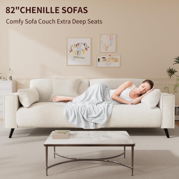 82" Sofa Couch for Living Room, Modern Comfy Sofa with Extra Depth Seat and 2 Throw Pillow | 2 Armrest Pillow, 3 Seater Chenille Couches for Living Room Small Space, White