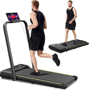 UMAY 2 in 1 Foldable Treadmills for Home Office, Small Under Desk Treadmill for Walking Jogging Running, Mini Walking Pad, Portable Lightweight Walking Treadmills with Wheel