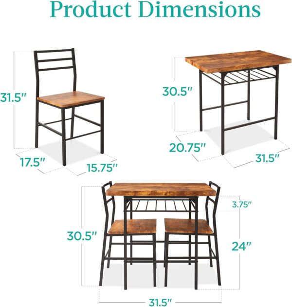 Best Choice Products 3-Piece Modern Dining Set, Space Saving Dinette for Kitchen, Dining Room, Small Space w/Steel Frame, Built-in Storage Rack - Brown