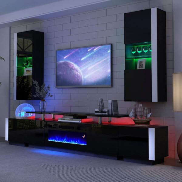 AMERLIFE Wall Storage Cabinets with LED Lights, Modern High Gloss Hanging Cabinets with 4 Closed Doors & Open Glass Shelves, for Living Room/Bedroom/Office, Black(Set of 2)