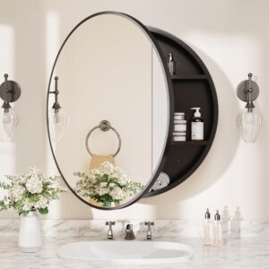 TETOTE 24 x 24 Inch Medicine Cabinet Mirror Black Framed Round Mirrored Medicine Cabinets for Bathroom Adjustable Shelves Modern Bathroom Mirror with Storage Wall Mounted