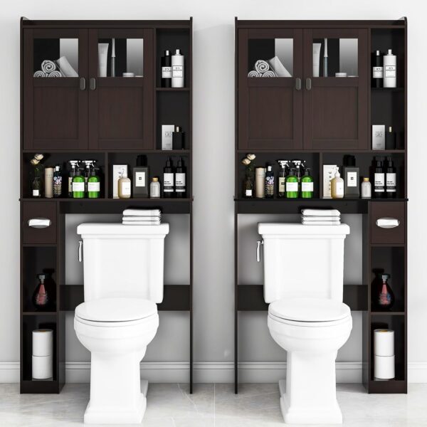 Vabches Over The Toilet Storage Cabinet, Bathroom Shelf Over Toilet with Glass Doors and Adjustable Shelves, Espresso Freestanding Home Space Save Toilet Rack for Restroom, Bathroom, Laundry