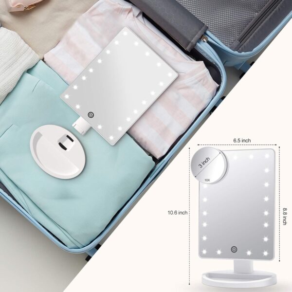 COSMIRROR Lighted Makeup Vanity Mirror with 10x Magnifying Mirror and Makeup Sponge, 21 LED Light Touch Sensor Dimming, 180 Rotating, Dual Power, Portable