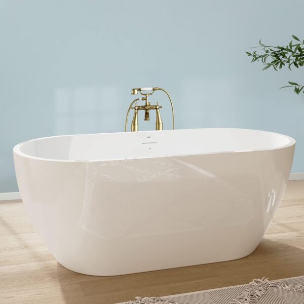 FerdY Bali 59" Acrylic Freestanding Bathtub, Gracefully Shaped Freestanding Soaking Bathtub with Brushed Nickel Drain & Minimalist Linear Design Overflow, Glossy White, cUPC Certified