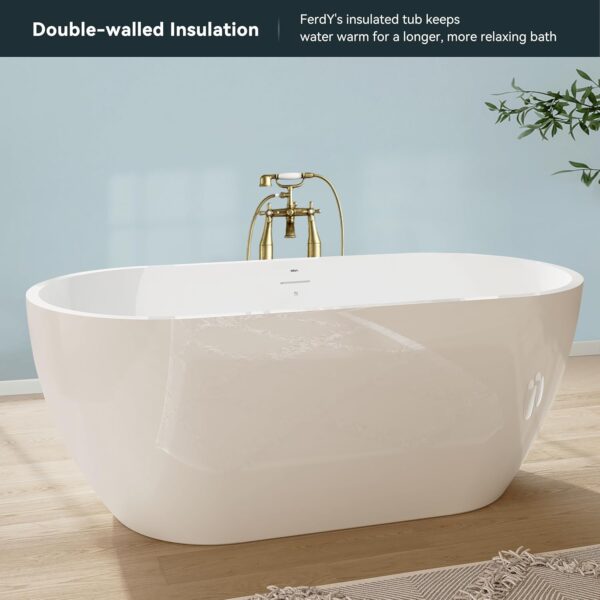 FerdY Bali 59" Acrylic Freestanding Bathtub, Gracefully Shaped Freestanding Soaking Bathtub with Brushed Nickel Drain & Minimalist Linear Design Overflow, Glossy White, cUPC Certified