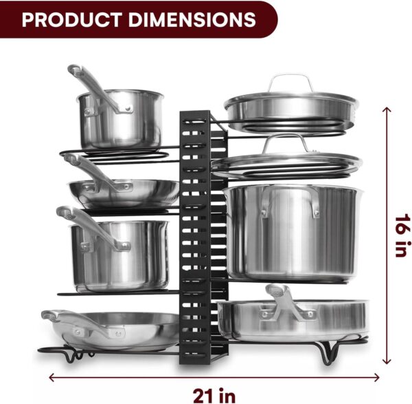 GeekDigg Adjustable Pots and Pans Organizer - 8 Tier Versatile Kitchen Pot Rack for Counter and Cabinet - Easy Setup, 3 DIY Installation Ways, Accommodates 8+ Pots and Pans - Space-Saving Black Design