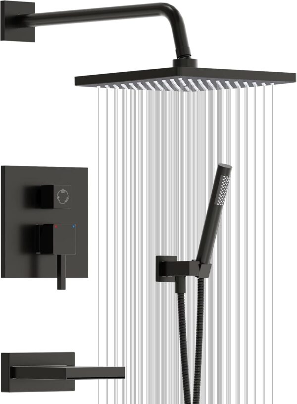 Esnbia Shower System with Tub Spout,Black Bathtub Shower Faucet Set,10 Inches Rain Shower Heads with Handheld Spary Combo, Tub Shower Kit with 3-Way Shower Valve, Matte Black