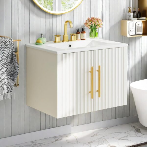 YITAHOME 24 Inch Bathroom Vanity with Sink, Small Space Floating Vanity, Modern 3-Holes Bathroom Storage Cabinet w/Double Soft-Close Doors, White