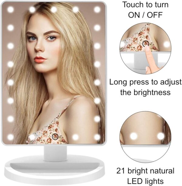 COSMIRROR Lighted Makeup Vanity Mirror with 10x Magnifying Mirror and Makeup Sponge, 21 LED Light Touch Sensor Dimming, 180 Rotating, Dual Power, Portable