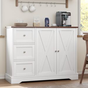White Buffet Cabinet with Storage, Farmhouse Kitchen Cabinet with 3 Drawers and 2 Doors, Storage Cabinet for Kitchen, Dining Living Room