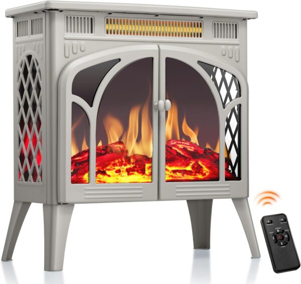 R.W.FLAME Electric Fireplace Heater 25" with Remote, Cathedral Stylish, Different Flame Effects and Log Set Colors, Adjustable Brightness and Heating Mode, Overheating Safe Design, Beige