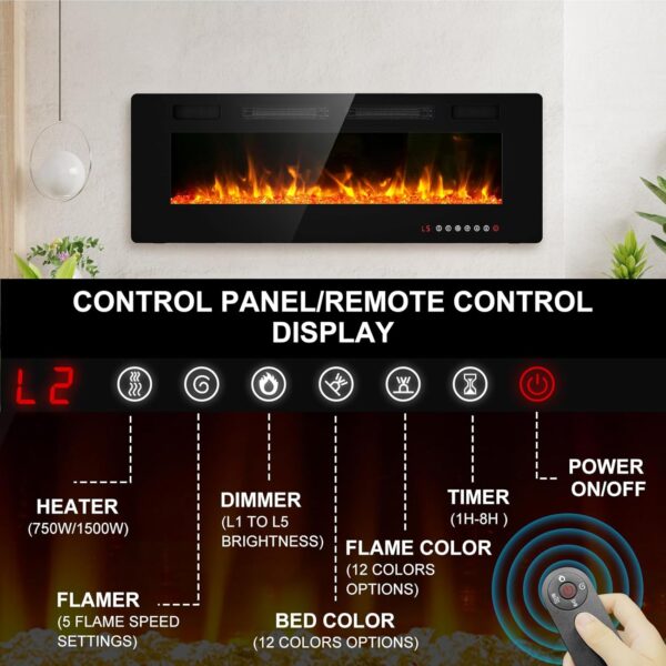 BREEZEHEAT 50 inch Electric Fireplace Wall Mounted/Freestanding-Ultra Thin Fireplace Inserts for Living Room with Heater, Remote Control, Touch Screen, Led Flame, 8H Timer, 750w/1500w