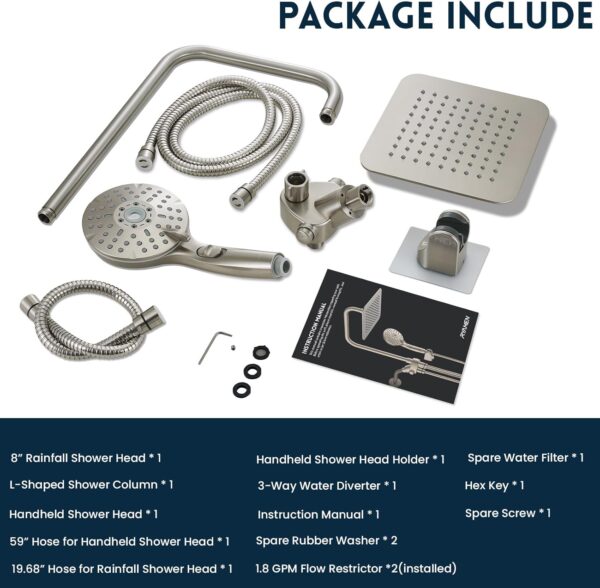 Dual Shower Head Combo, Brushed Nickel 8'' High Pressure Rain/Rainfall Shower Head, 6 Settings Adjustable Handheld Showers, with 15" Height Adjustable Slide Bar, Holder/59’‘ Hose
