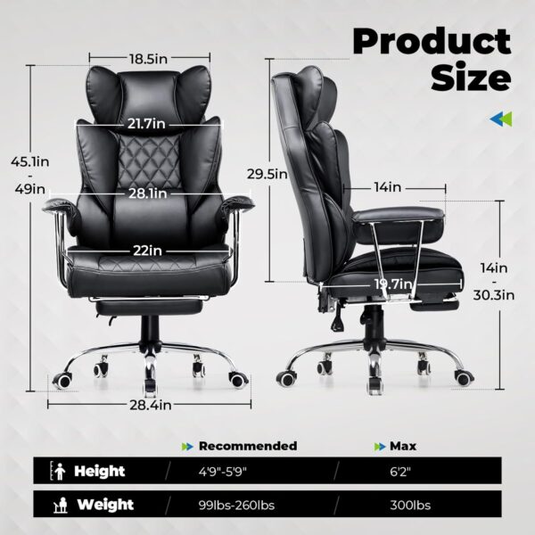 COMHOMA Big and Tall Office Chair, Leather High Back Leather Gaming Chair with Footrest, Executive Ergonomic Office Chair with Pocket Spring Lumbar Support and with Outward Fixed Soft Armrests