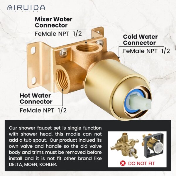 Airuida Shower Faucet Set Shower Trim Kit with Female Thread Rough-in Valve Single Function Shower Head and Handle set Rainfall Shower System with Long Shower Arm 10 Inch Shower Head Brushed Gold