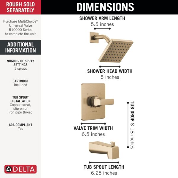 Delta Faucet Velum 14 Series Single-Function Gold Tub and Shower Faucet Set, Valve Trim Kit, Shower Handle, Delta Shower Trim Kit, Shower Set, Champagne Bronze T14437-CZ (Valve Not Included)
