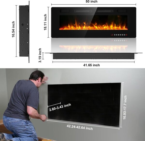 BREEZEHEAT 50 inch Electric Fireplace Wall Mounted/Freestanding-Ultra Thin Fireplace Inserts for Living Room with Heater, Remote Control, Touch Screen, Led Flame, 8H Timer, 750w/1500w