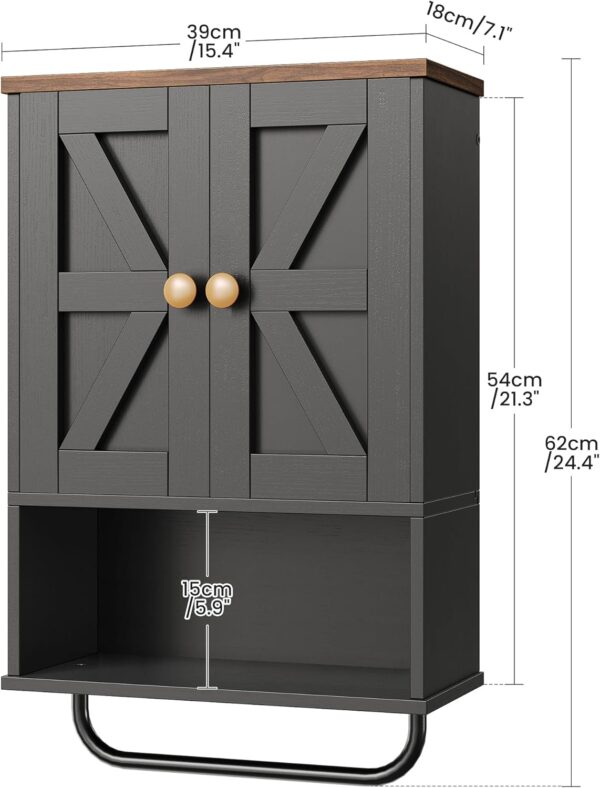 Bathroom Wall Cabinet, Medicine Cabinet with Open Partition and Towel Bar, Rustic Storage Cabinet with Open and Hidden Storage Space, for Bathroom, Living Room, Kitchen, Black and Walnut