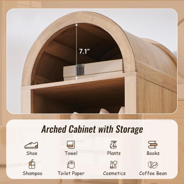 71" Tall Arched Bathroom Storage Cabinet, 8-Tier Modern Farmhouse Storage Cabinet with Adjustable Shelves, Wood Freestanding Cabinet for Bathroom, Living Room, Entryway, Hallway (Natural)
