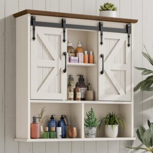 Vabches Bathroom Wall Cabinet, Farmhouse Medicine Cabinet with Double Sliding Barn Door and Adjustable Shelves, Wooden Vintage Storage Cabinet Wall Mounted for Bathroom, Kitchen Dining, Rustic White