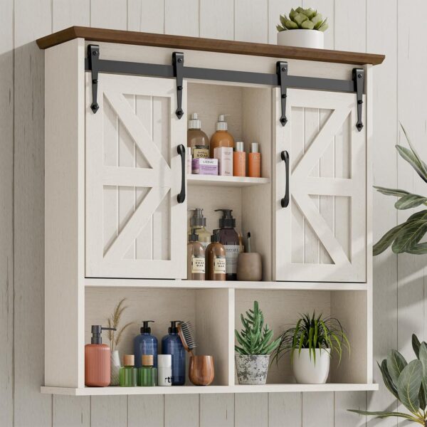 Vabches Bathroom Wall Cabinet, Farmhouse Medicine Cabinet with Double Sliding Barn Door and Adjustable Shelves, Wooden Vintage Storage Cabinet Wall Mounted for Bathroom, Kitchen Dining, Rustic White