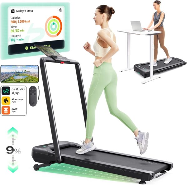UREVO Walking Pad Treadmill with Incline, 2.5 HP Under Desk Treadmill, Foldable Treadmill for Home Office, Compact Treadmill with LED Display Remote Control 265lbs Weight Capacity