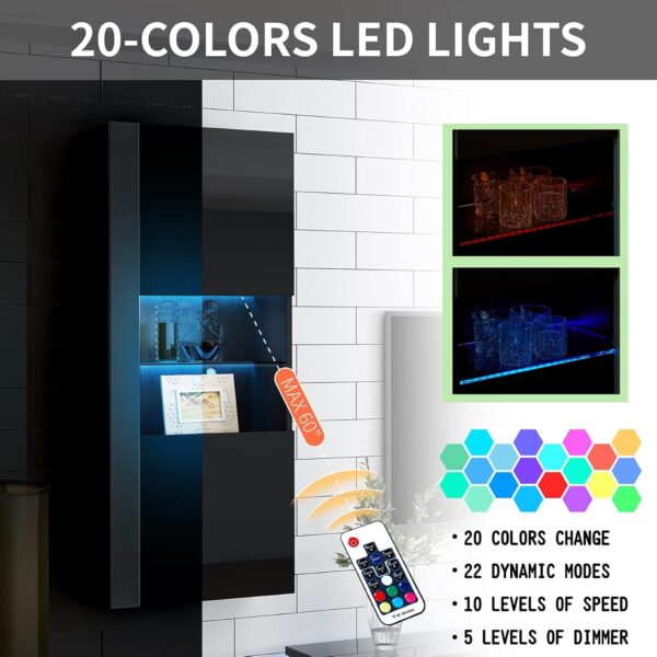 AMERLIFE Wall Storage Cabinets with LED Lights, Modern High Gloss Hanging Cabinets with 4 Closed Doors & Open Glass Shelves, for Living Room/Bedroom/Office, Black(Set of 2)