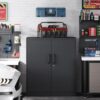 Yizosh Metal Garage Storage Cabinet with 2 Doors and 2 Adjustable Shelves - 35.5" Steel Lockable File Locking Counter Cabinet for Home Office,Gym,School（Black）
