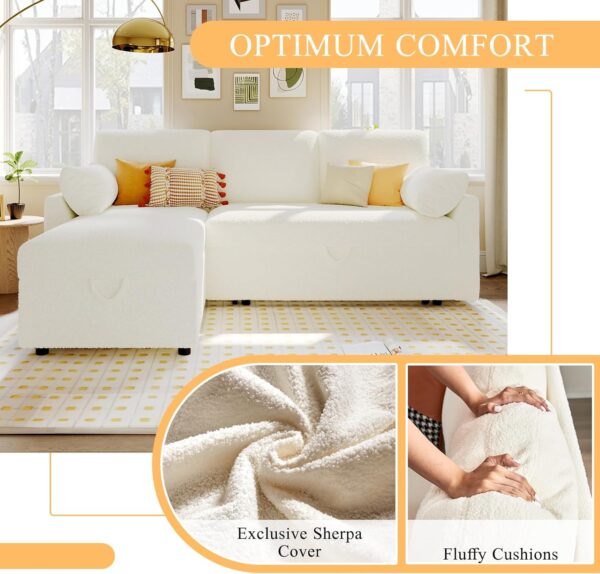 VanAcc Sleeper Sofa, Sofa Bed- 2 in 1 Pull Out Couch Bed with Storage Chaise for Living Room, Sofa Sleeper with Pull Out Bed, White Boucle Couch