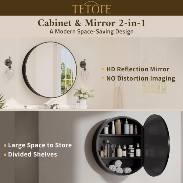 TETOTE 24 x 24 Inch Medicine Cabinet Mirror Black Framed Round Mirrored Medicine Cabinets for Bathroom Adjustable Shelves Modern Bathroom Mirror with Storage Wall Mounted