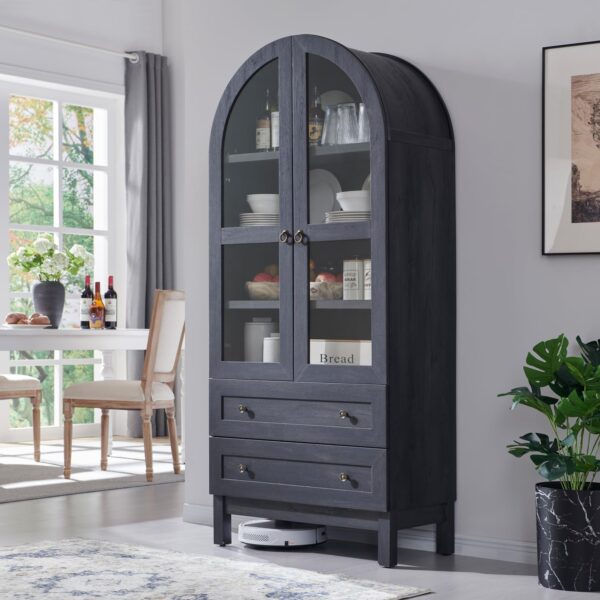 71" Tall Arched Kitchen Pantry Cabinet, Wood Kitchen Storage Cabinets with 2 Large Drawers and Adjustable Shelves, Modern Farmhouse Versatile Cupboard for Kitchen, Dining Room, Bathroom, Grey
