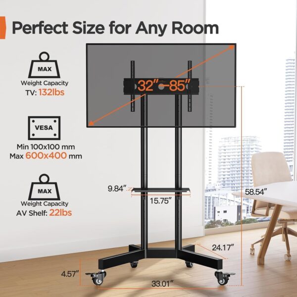 Perlegear Rolling TV Stand, Mobile TV Stand on Wheels for 32-85 Inch Screens up to 132 lbs, Height Adjustable Mobile TV Cart with Metal Shelf, Rolling TV Cart with Lockable Wheels Max VESA 600x400mm