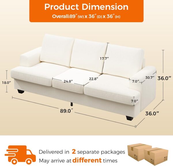 Casaottima 89 Inch Sofa Couch, Comfy Couches with Deep Seats, Modern Sofa Sets for Living Room, Soft Backrest, Thick Cushion, Wide Armrest, White