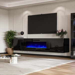 AMERLIFE Floating Fireplace TV Stand, Wall Mounted Mirrored Entertainment Center with 40" Electric Fireplace, Modern LED Lights Media Console for TVs Up to 90", Black