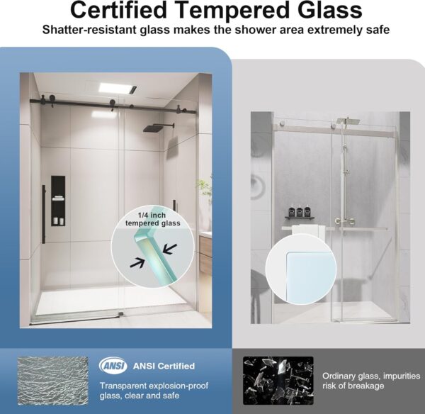 KPUY Frameless Shower Door, 50-54" W x 76" H Glass Shower Door, Sliding Shower Door with 1/4" (6mm) Tempered Glass, Stainless Steel Frame Shower Glass Door with Explosion-Proof Film in Matte Black