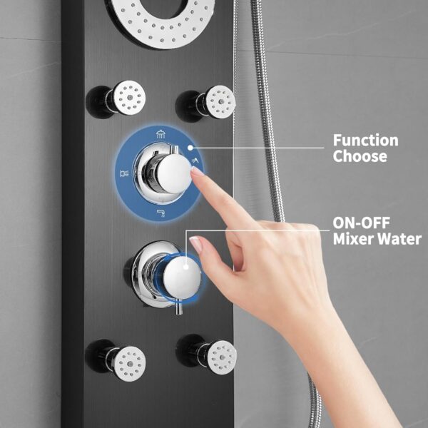 RUMOSE Matte Black Shower Panel Tower System, 5-Function Shower Faucet Set LED Light Rainfall Shower Head Digital Display with Massage Jets Tub Spout Shower Shelves, Stainless Steel, Wall Mount