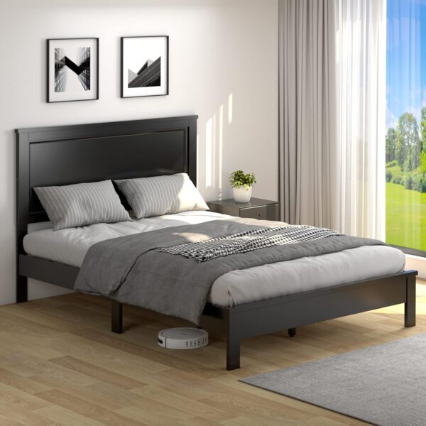 Giantex Wood Queen Platform Bed Frame with Headboard, Mid Century Bed Frame with Solid Wood Legs & Wooden Slat Support, Easy Assembly Supports 500 LBS, Black Bed