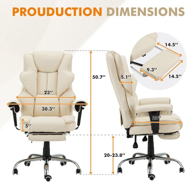 HOMREST 6-Point Massage Executive Chair,Heat Office Chair,Ergonomic Home Office Desk Chair with Retractable Footrest and Reclining Function,Leather Computer Chair with Adjustable Armrest(‌Off White)