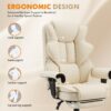 HOMREST 6-Point Massage Executive Chair,Heat Office Chair,Ergonomic Home Office Desk Chair with Retractable Footrest and Reclining Function,Leather Computer Chair with Adjustable Armrest(‌Off White)