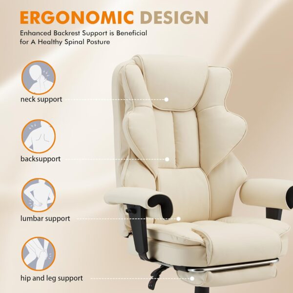 HOMREST 6-Point Massage Executive Chair,Heat Office Chair,Ergonomic Home Office Desk Chair with Retractable Footrest and Reclining Function,Leather Computer Chair with Adjustable Armrest(‌Off White)