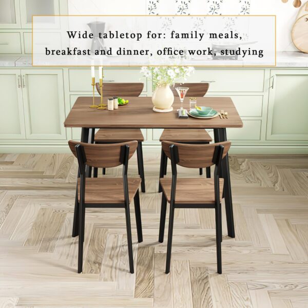 Kitchen Dining Table Set for 4, Modern Rectangular 5 Piece Dining Room Table and Chairs Set, Brown Wooden Metal Table Set for Family Dinner, Party, Afternoon Tea and Work (Curved Moon)