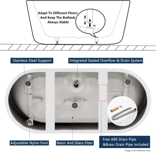 FerdY Nauru 67" Acrylic Freestanding Bathtub, Ergonomic Lightweight Classic Oval Soaking Bathtub with Toe-Tap Chrome Drain, Classic Slotted Overflow, Glossy White
