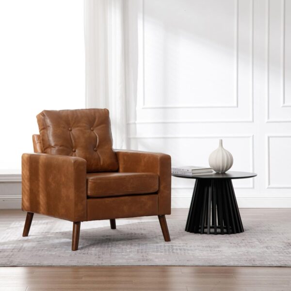 Wahson Office Chairs PU Accent Arm Chair with Tufted Back, Faux Leather Comfy Upholstered Single Sofa, Mid Century Modern Side Club Chair with Wood Legs for Reading/Living Room/Bedroom, Caramel