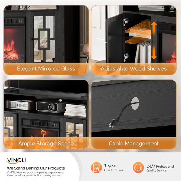 VINGLI Fireplace TV Stand for TVs up to 60'', Mirrored Media Entertainment Center Console Table with 18'' Electric Fireplace, Entertainment Center with Glass Door ＆ Storage Cabinet, Black