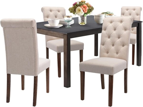 COLAMY 5-Piece Dining Table Set for 4, 60" Rectangular Farmhouse Kitchen Wood Table with 4 Tufted Dining Room Chairs, Brown/Beige
